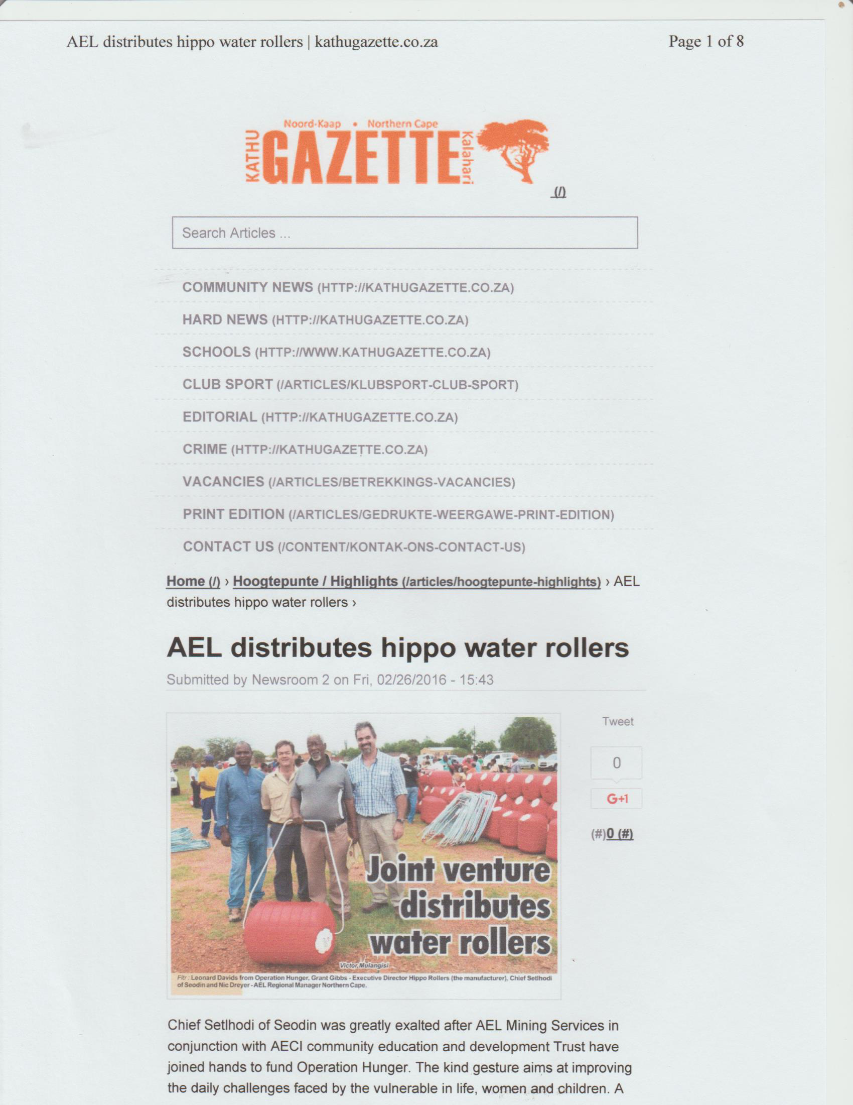 Kathu Gazette-AECI Distributes Hippo Water Rollers